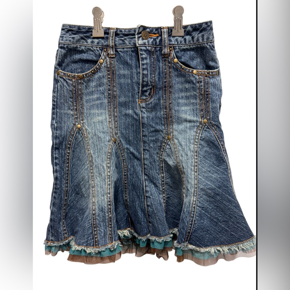 Y2K Mary Kate & ashley Blue Length A-Line denim Skirt with Ruffled Style size 7